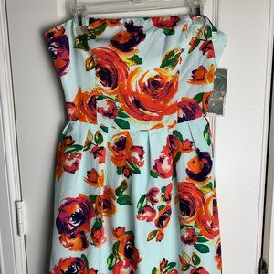Strapless Floral Blue and Orange Dress.